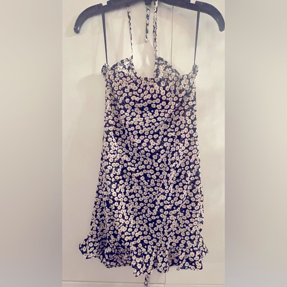 NWOT Self tie halter neck drawstring ruched floral mini dress. Size XS - Picture 3 of 3